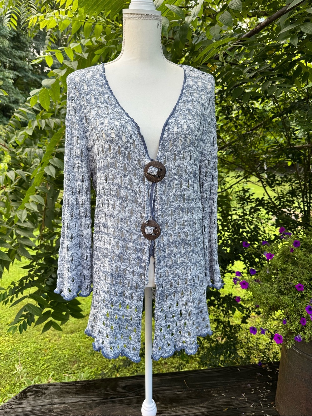 Chadwicks of Boston XL Blue White Open Knit Cardigan Sweater Coastal Boho